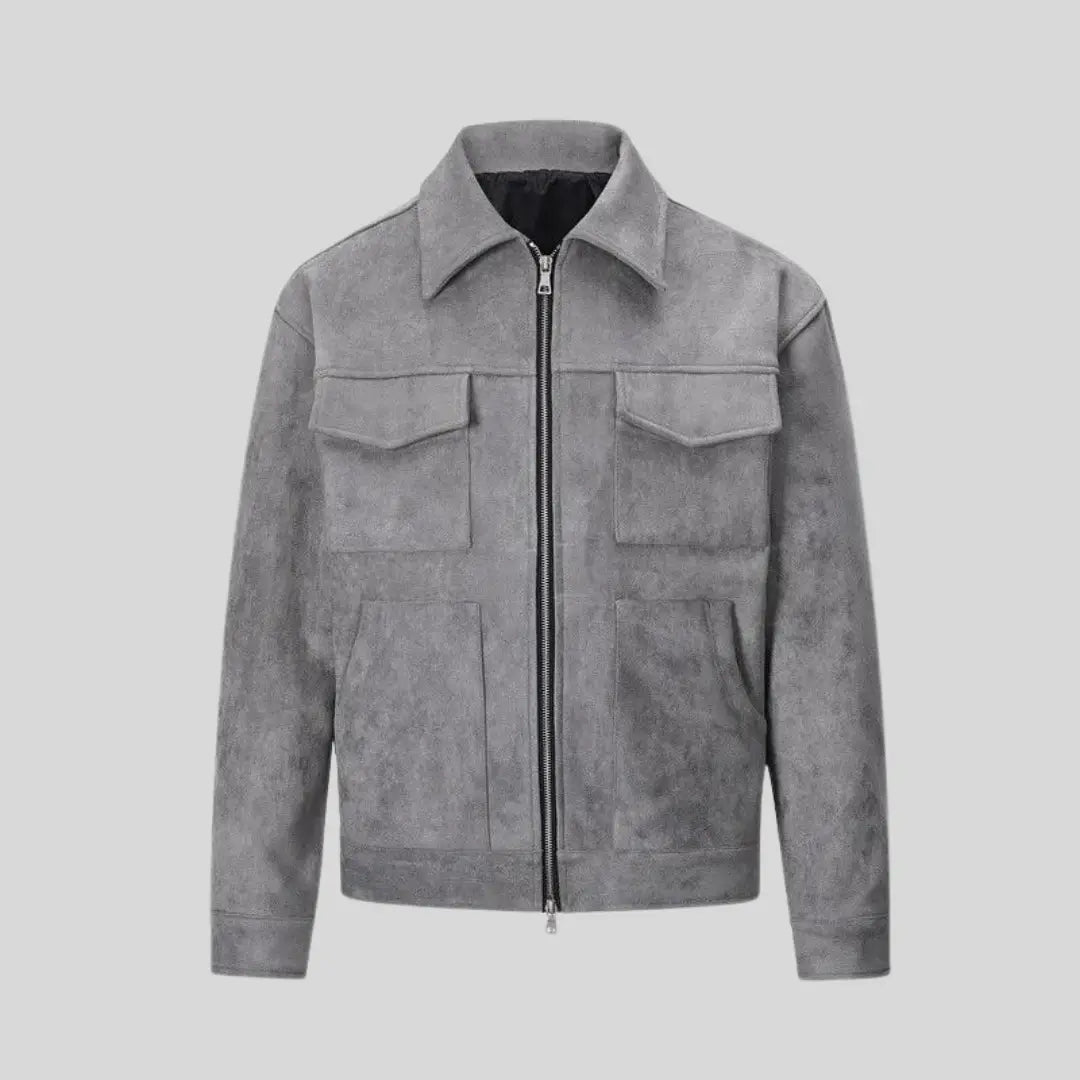 Men's Zip-Front Faux Suede Jacket with Flap Chest Pockets