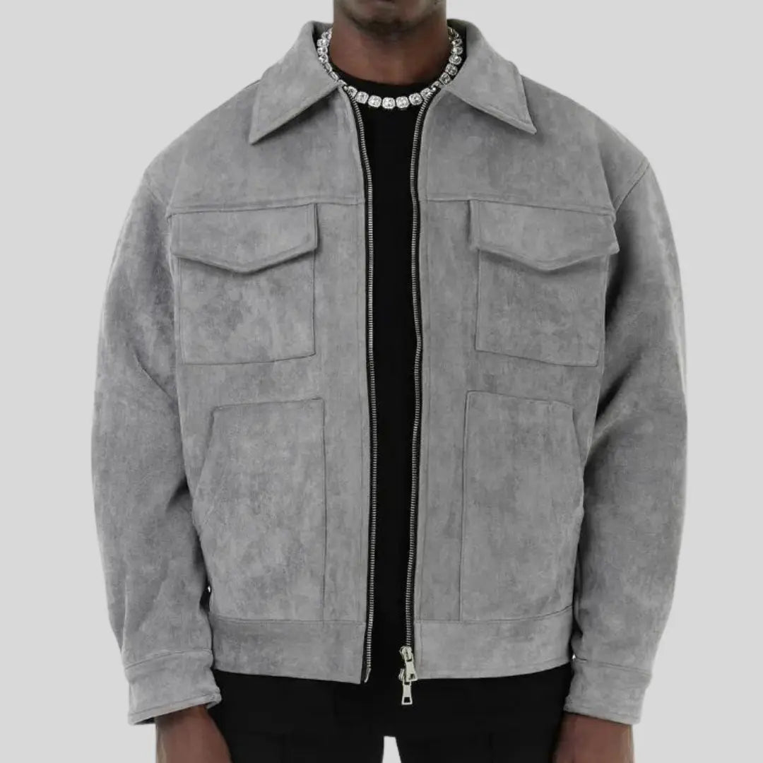 Men's Zip-Front Faux Suede Jacket with Flap Chest Pockets