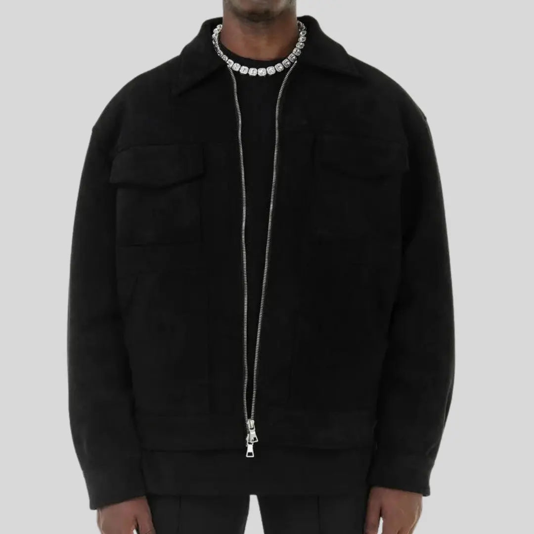 Men's Zip-Front Faux Suede Jacket with Flap Chest Pockets