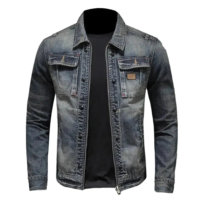 Men's Washed Denim Jacket with Zip & Snap Front