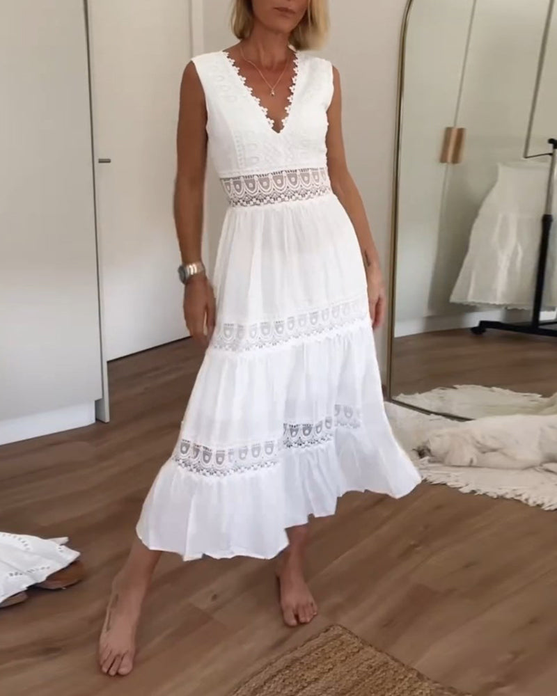 Women's Sleeveless V-Neck Lace Trim A-Line Midi Dress
