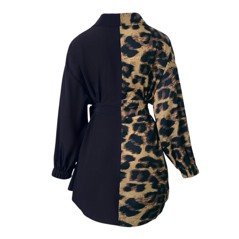 Women's Leopard Print Colour Block Shirt Dress with Tie Belt