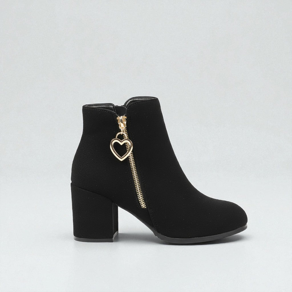 Women's Block Heel Ankle Boots with Heart Zip Pull in Black