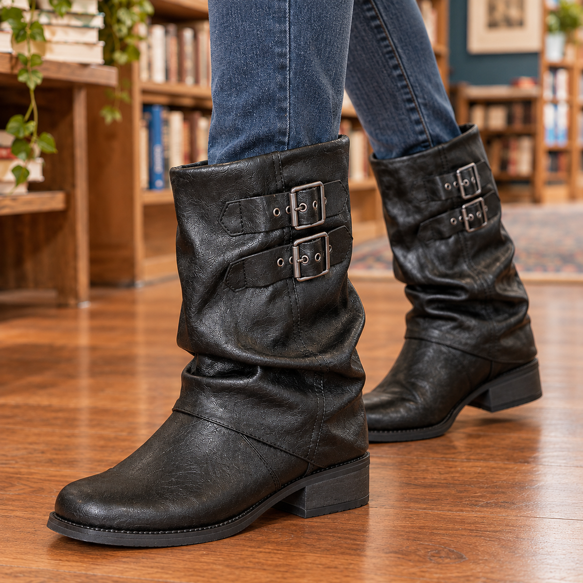 Women's Slouch Faux Leather Biker Boots with Buckles in Black