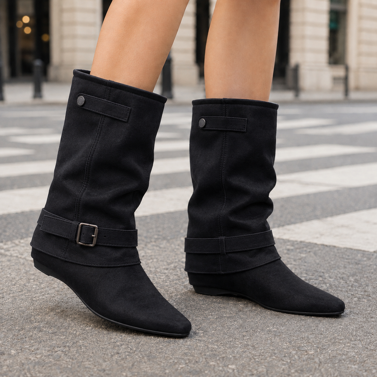 Women's Slouch Wedge Boots with Buckle Straps