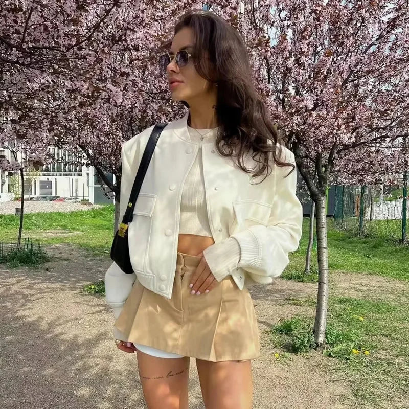 Women's Cropped Bomber Jacket with Stand Collar