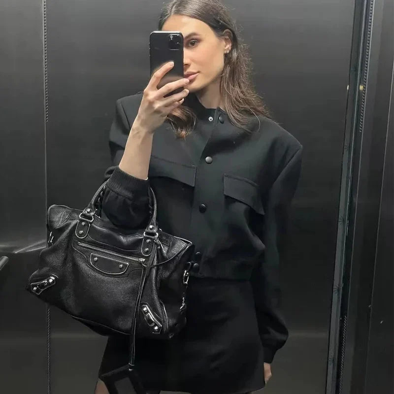 Women's Cropped Bomber Jacket with Stand Collar