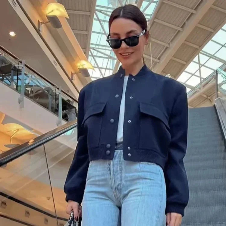 Women's Cropped Bomber Jacket with Stand Collar