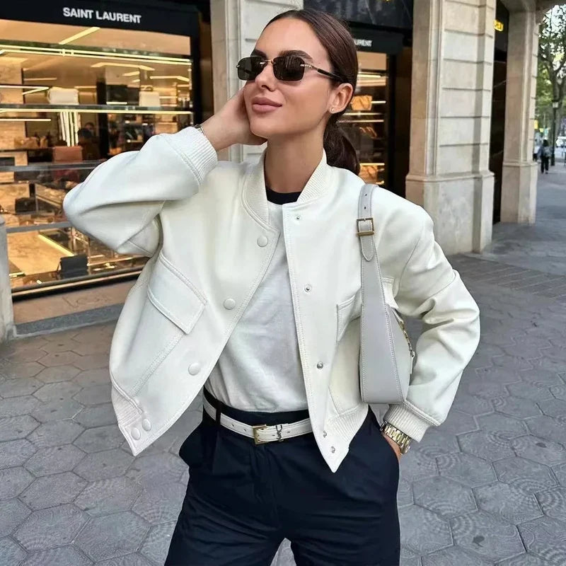 Women's Cropped Bomber Jacket with Stand Collar