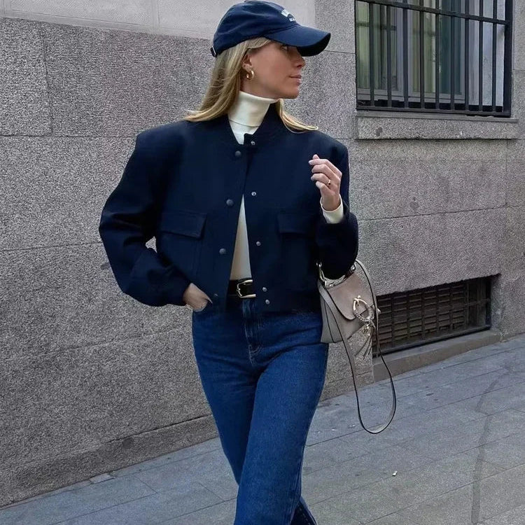 Women's Cropped Bomber Jacket with Stand Collar