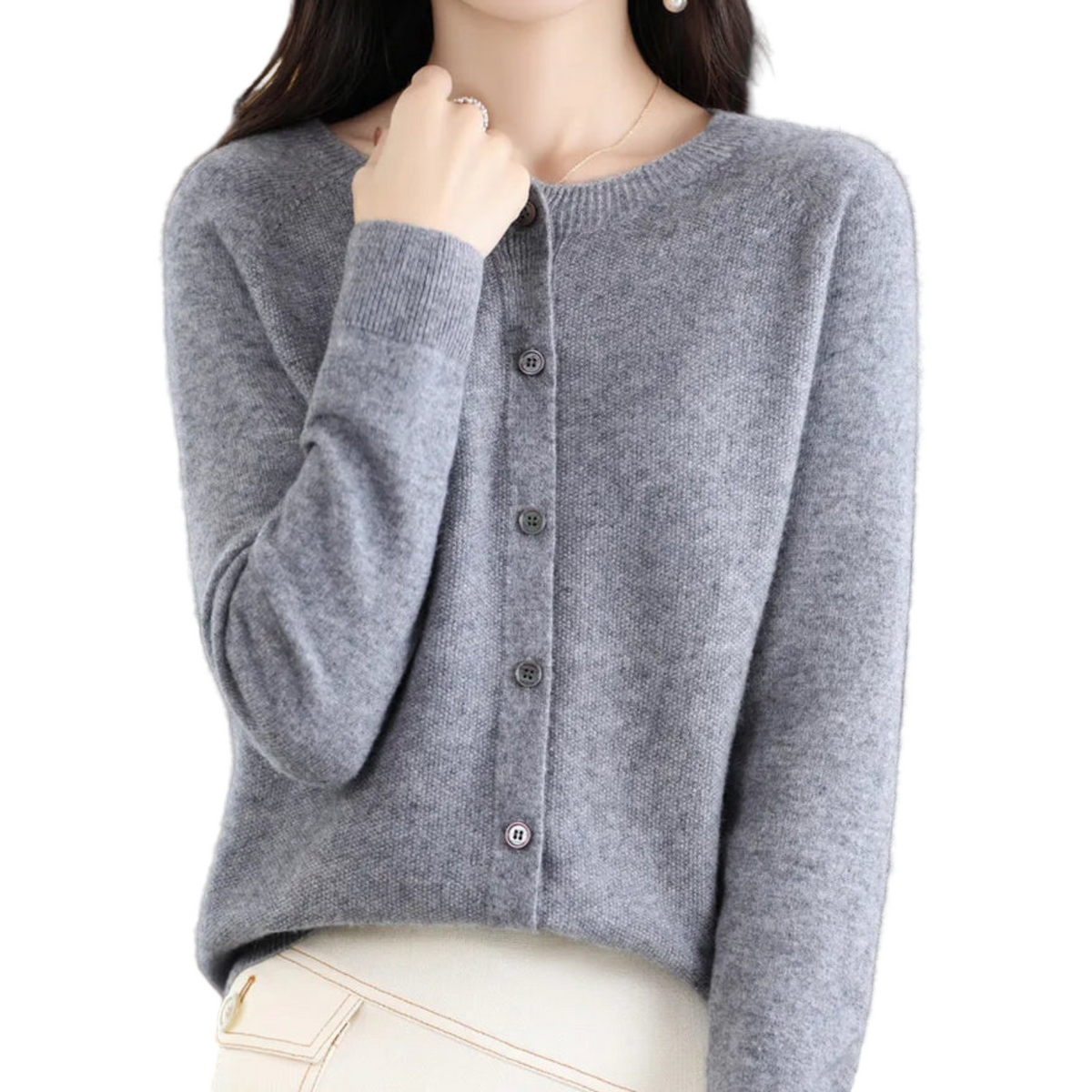 Women's Crew Neck Fine Knit Button Cardigan