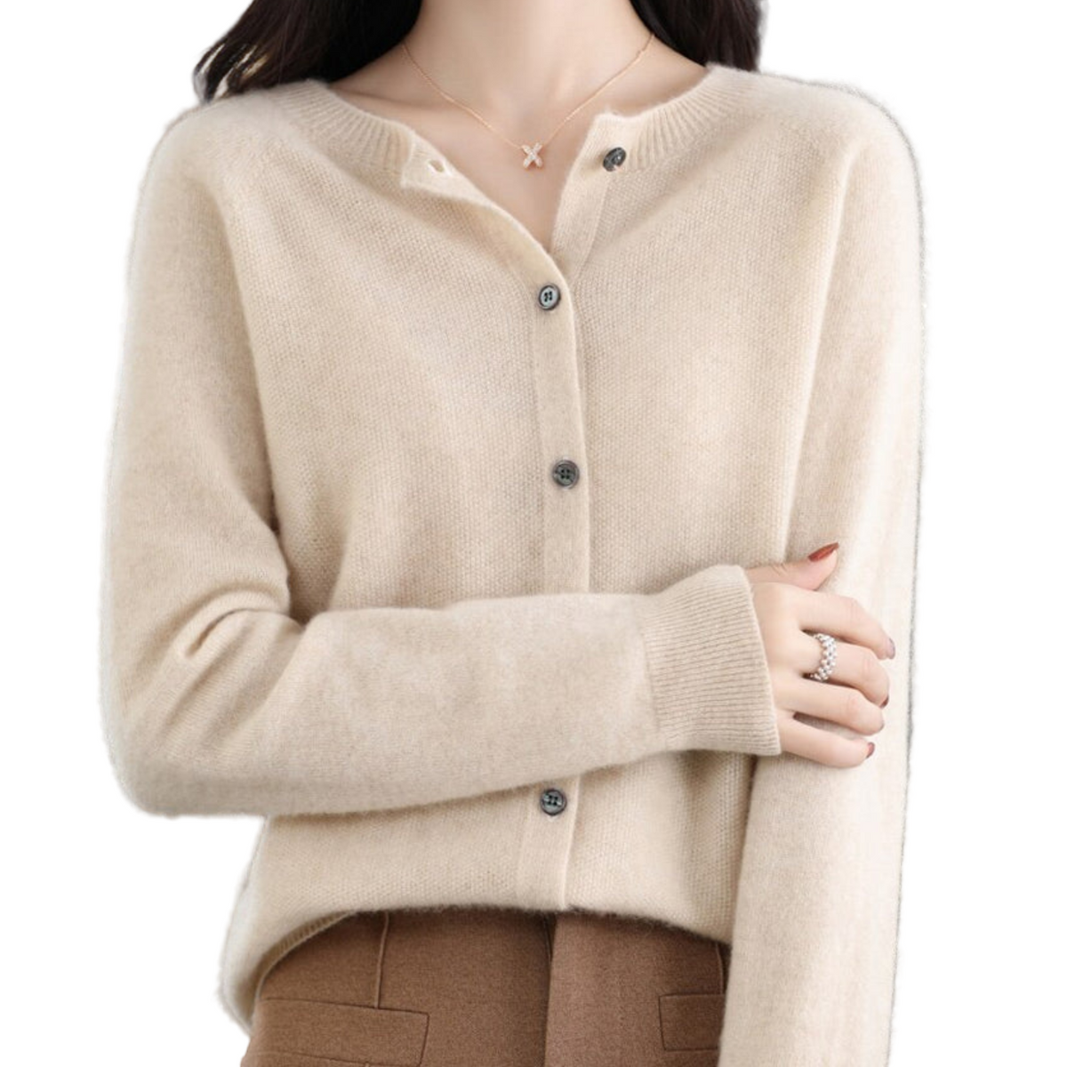 Women's Crew Neck Fine Knit Button Cardigan