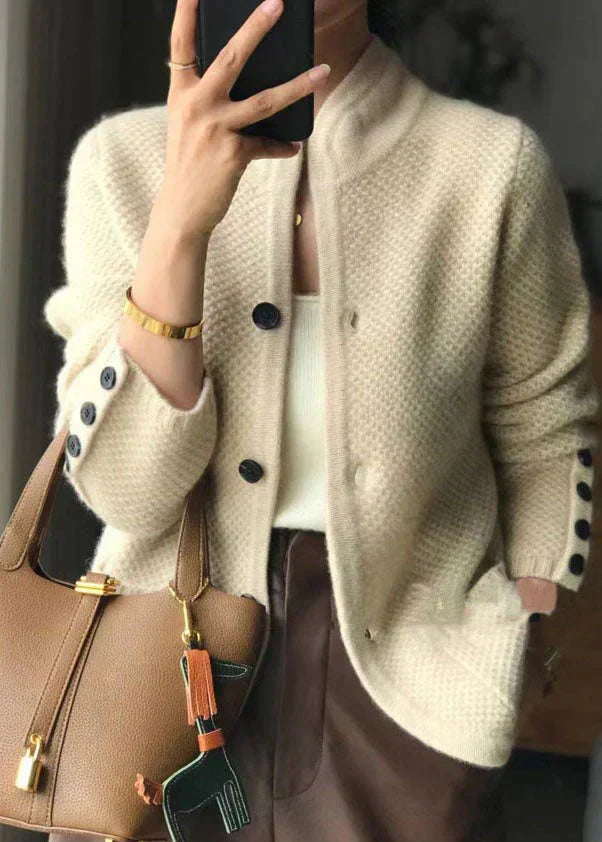 Women's Stand Collar Waffle Knit Button Cardigan with Pockets