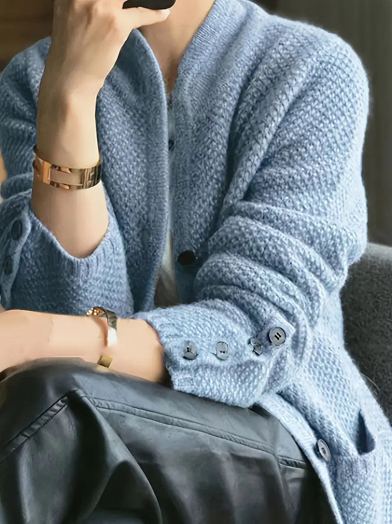 Women's Stand Collar Waffle Knit Button Cardigan with Pockets