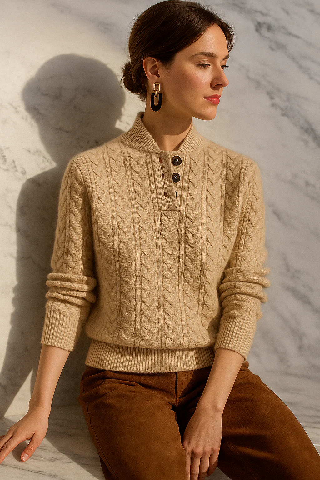 Women's Cable Knit Button Neck Jumper