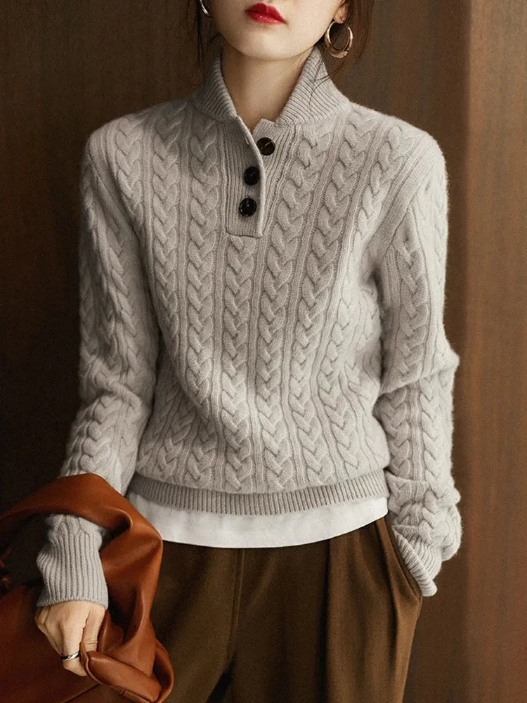 Women's Cable Knit Button Neck Jumper