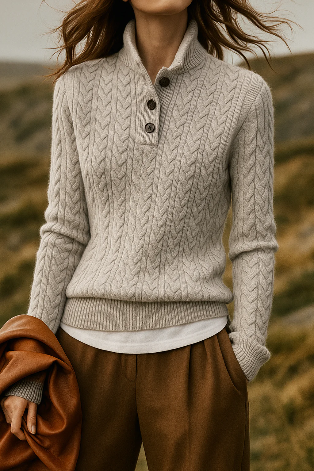 Women's Cable Knit Button Neck Jumper