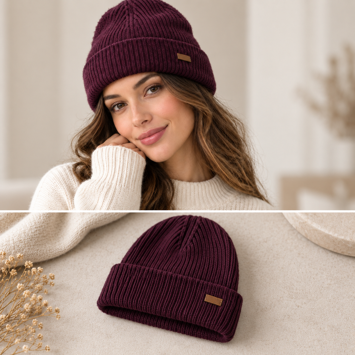 Women's Ribbed Cuffed Beanie with Cable Detail