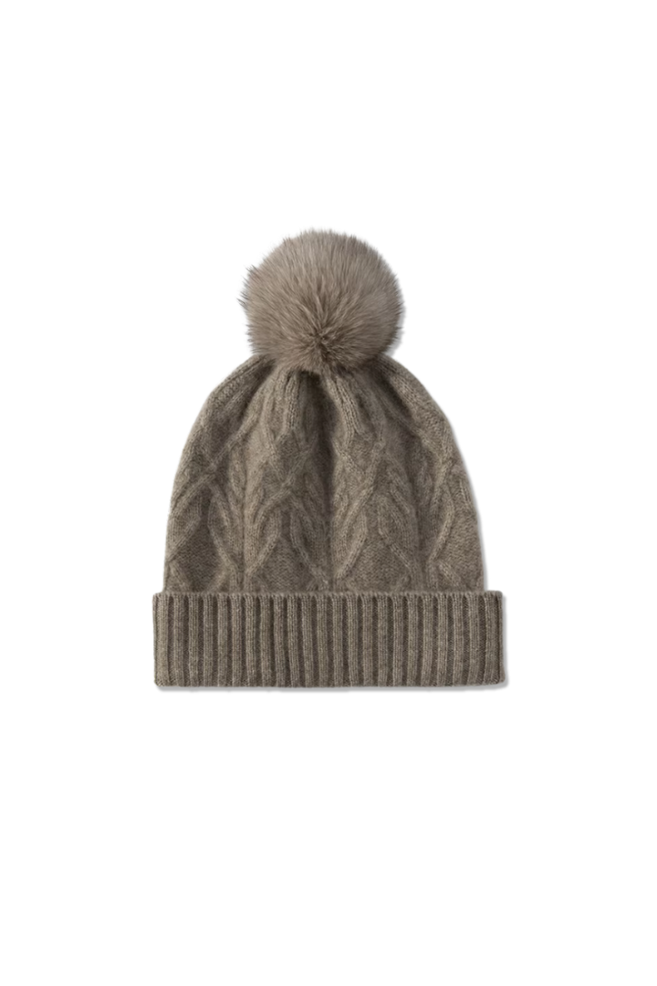 Women's Cable Knit Bobble Hat with Ribbed Cuff