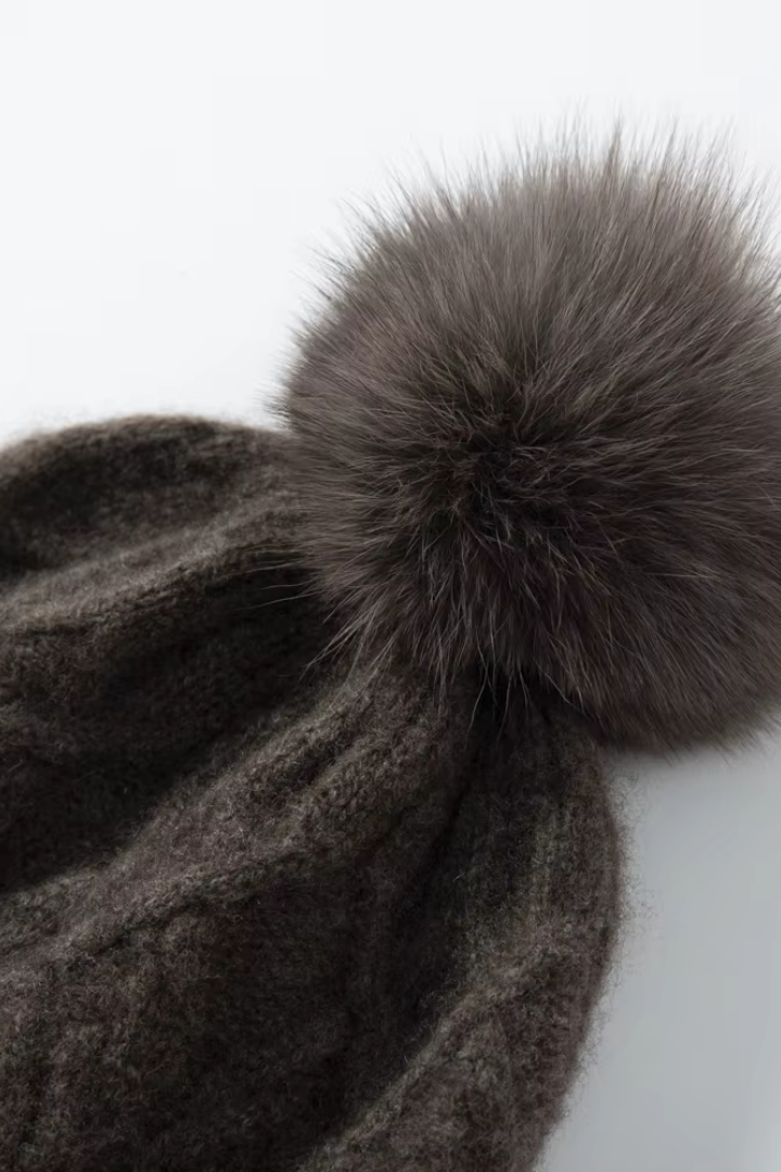 Women's Cable Knit Bobble Hat with Ribbed Cuff