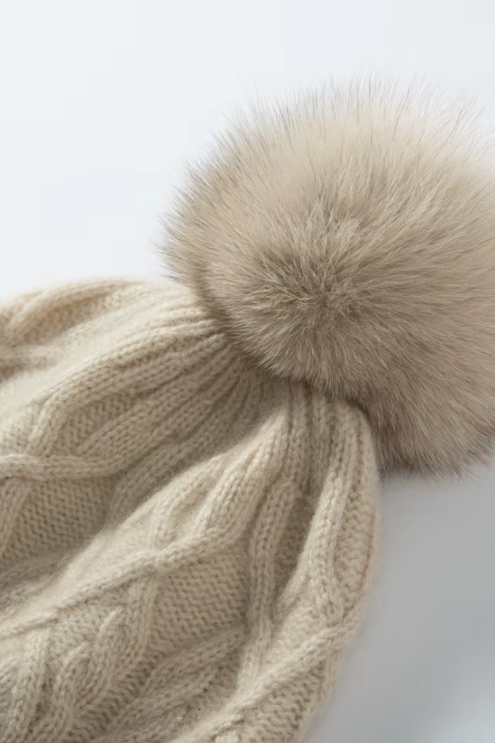 Women's Cable Knit Bobble Hat with Ribbed Cuff