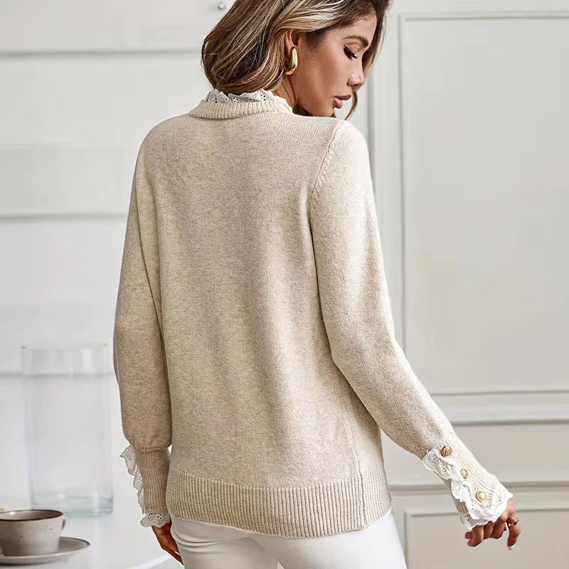 Women's Cable Knit Jumper with Lace Trim Collar and Cuffs