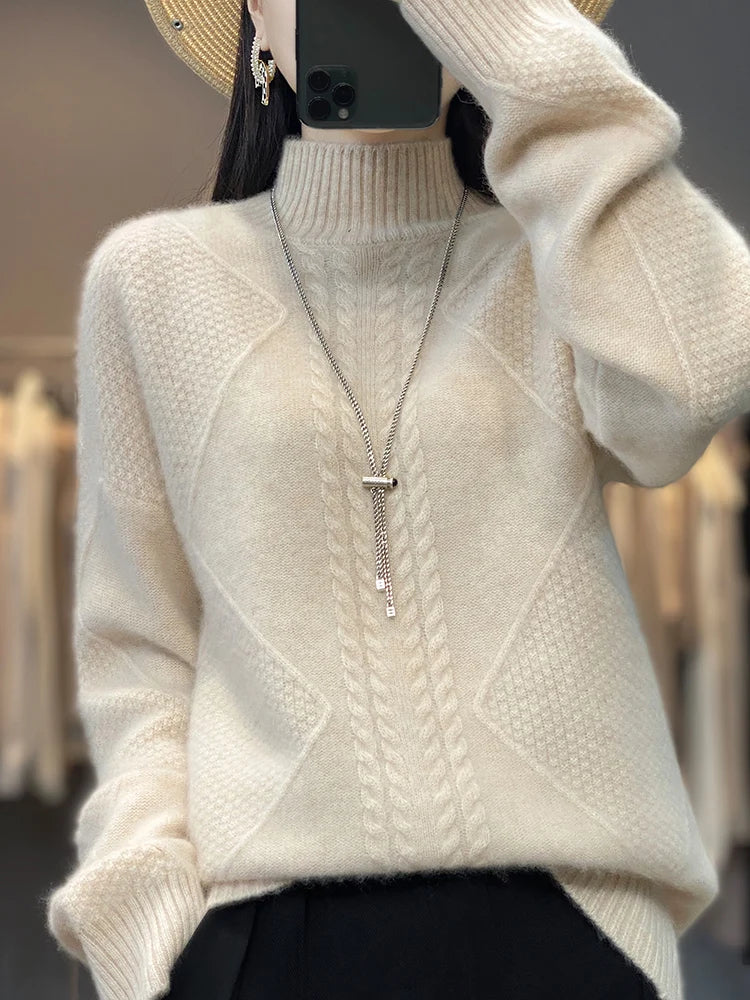 Women's Warm Cable Knit Roll Neck Jumper
