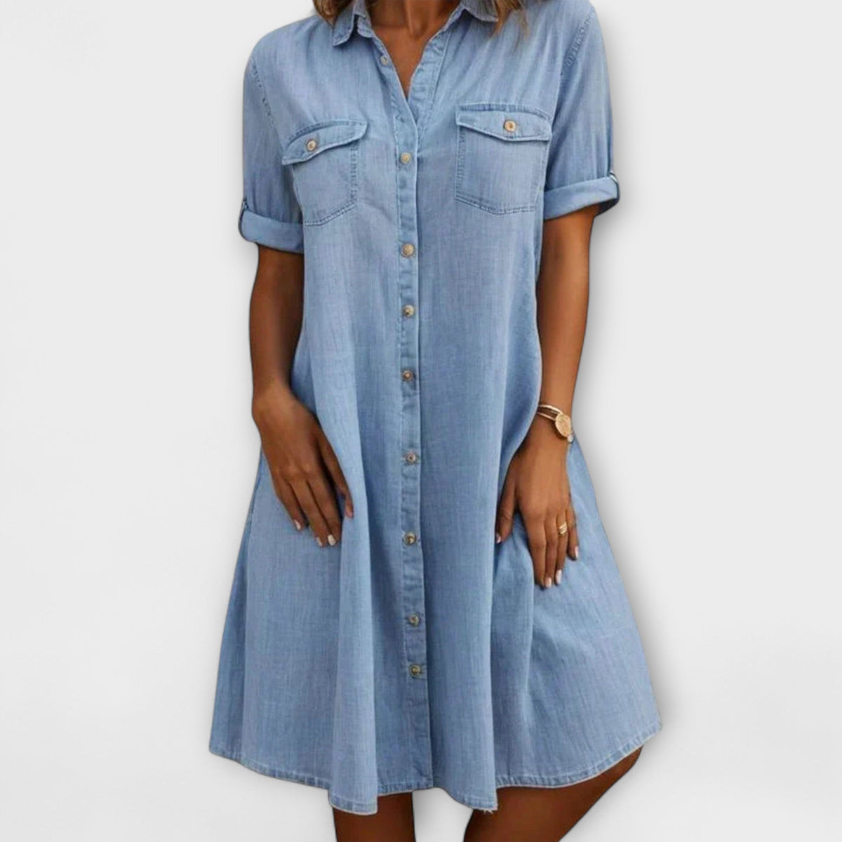 Women's Short Sleeve Button-Up A-Line Shirt Dress