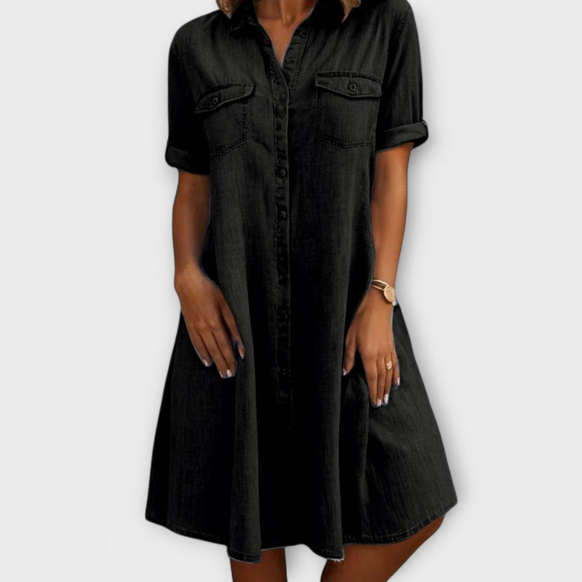 Women's Short Sleeve Button-Up A-Line Shirt Dress