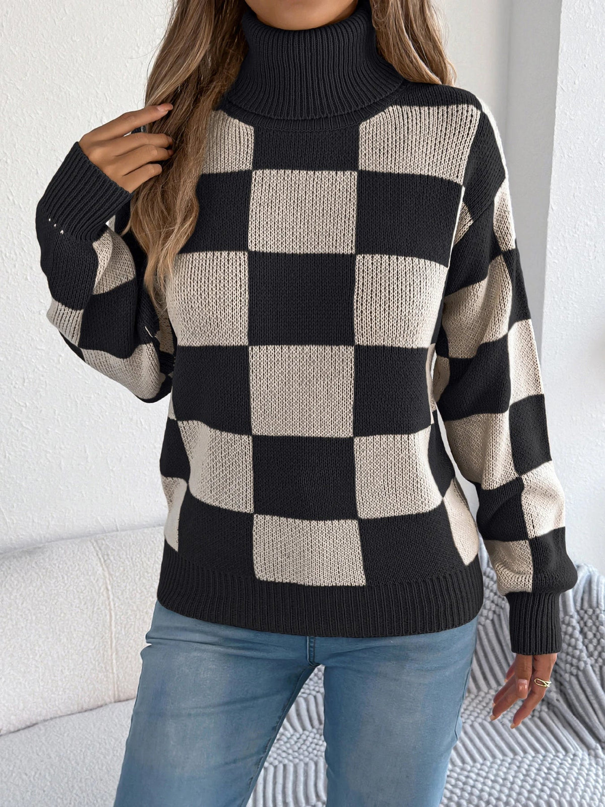 Women's Checkerboard Roll Neck Jumper