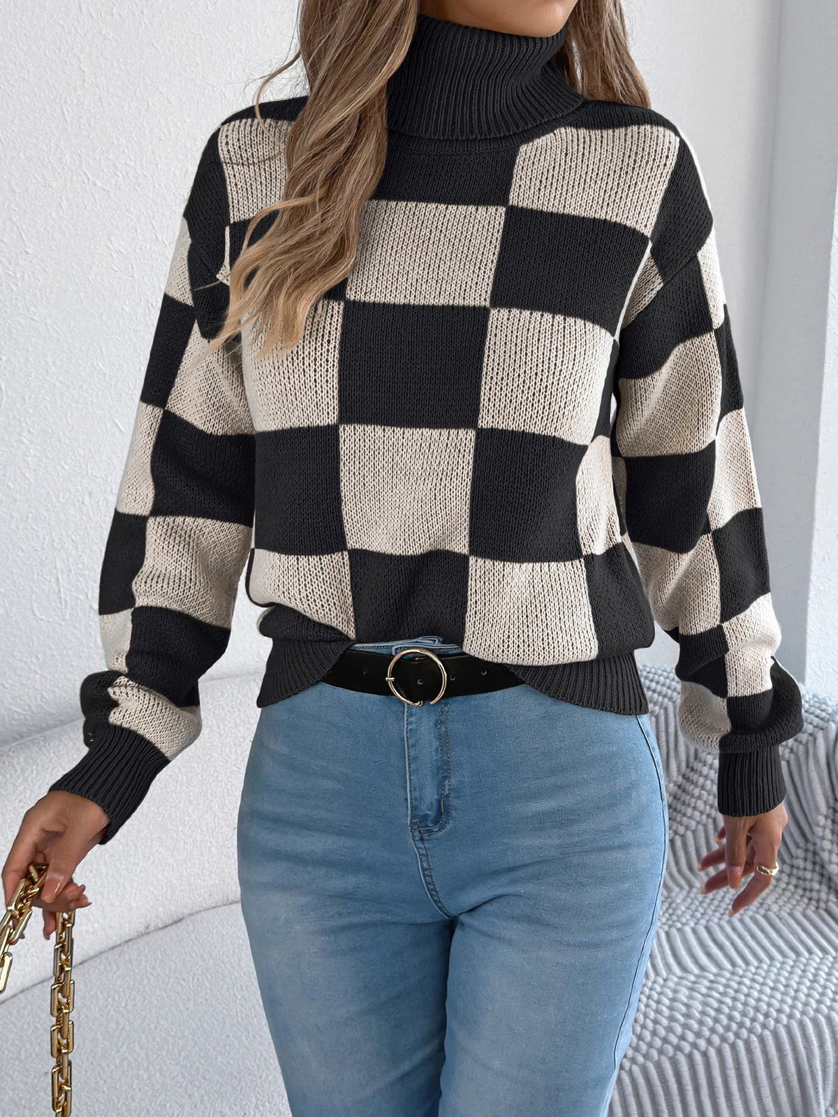 Women's Checkerboard Roll Neck Jumper