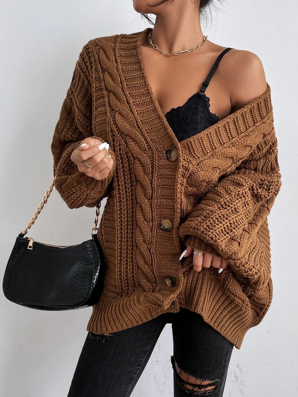 Women's Chunky Cable Knit Cardigan in Brown