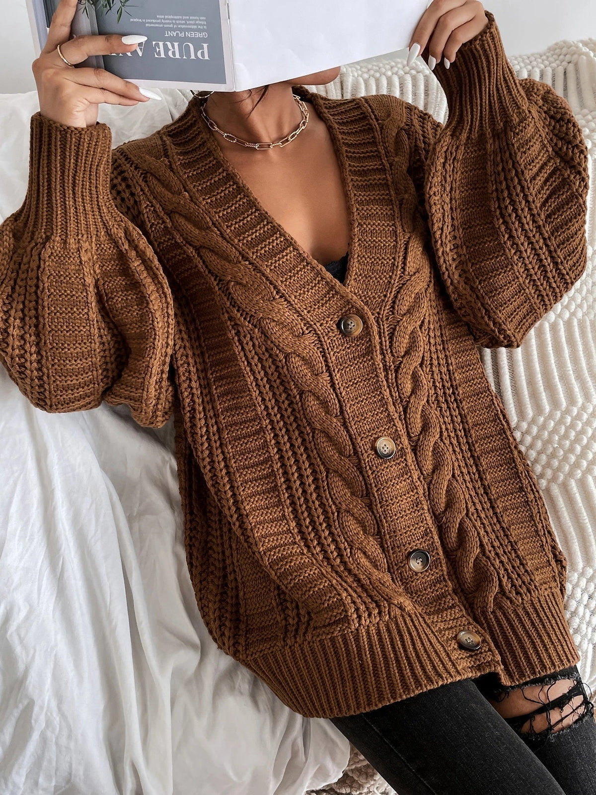 Women's Chunky Cable Knit Cardigan in Brown