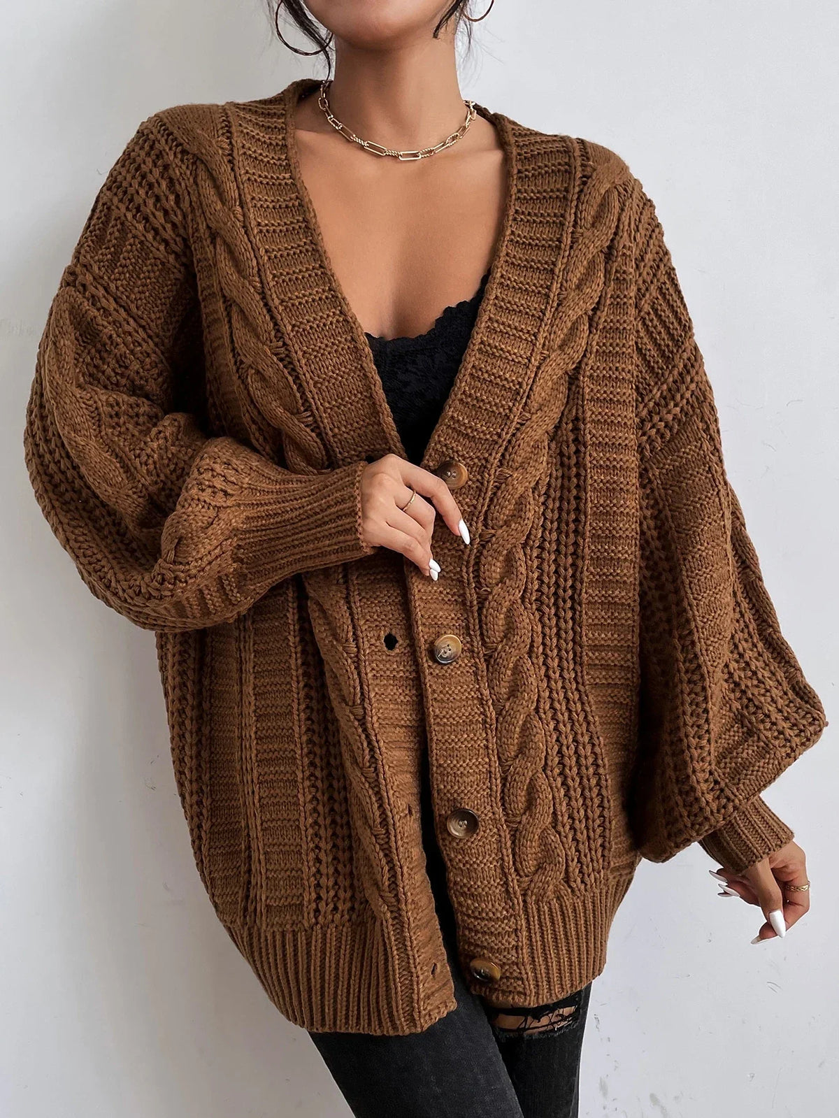 Women's Chunky Cable Knit Cardigan in Brown