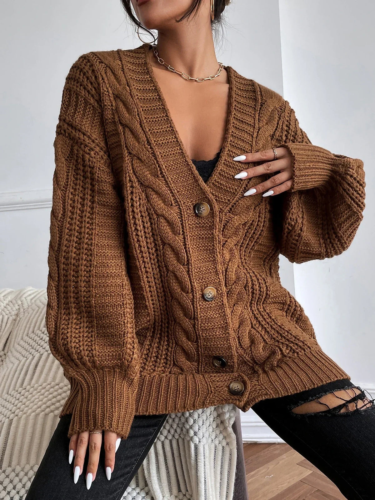 Women's Chunky Cable Knit Cardigan in Brown