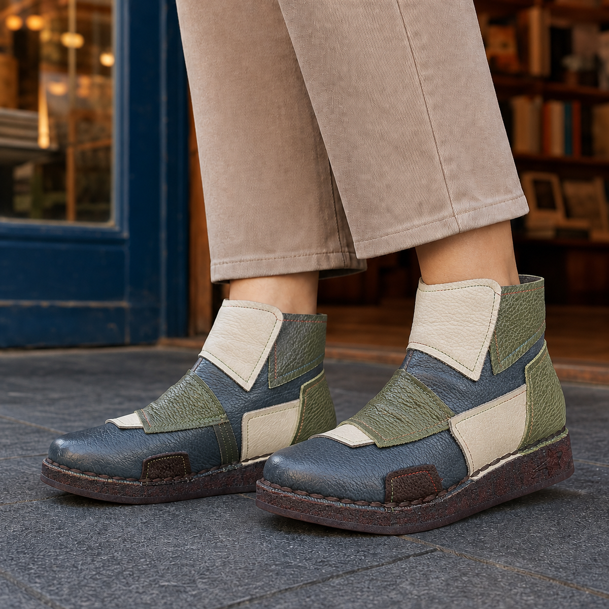 Women's Patchwork Colour Block Faux Leather Ankle Boots