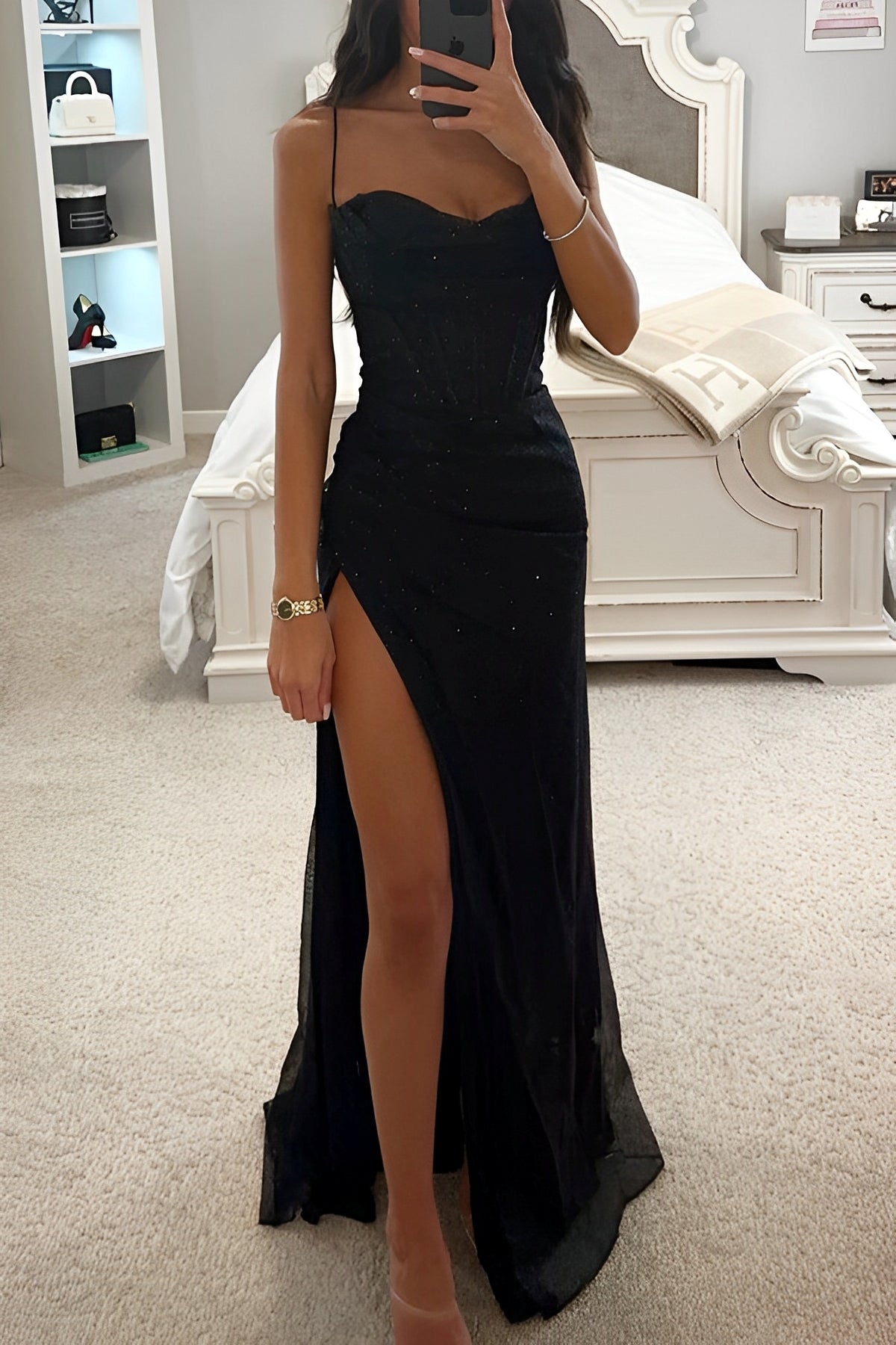 Women's Shimmer Corset Maxi Dress with High Slit