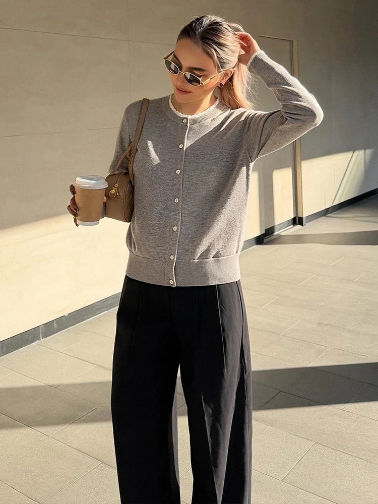 Women's Crew Neck Button-Front Fine Knit Cardigan with Lace Trim