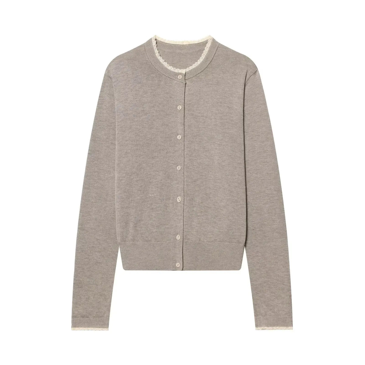 Women's Crew Neck Button-Front Fine Knit Cardigan with Lace Trim