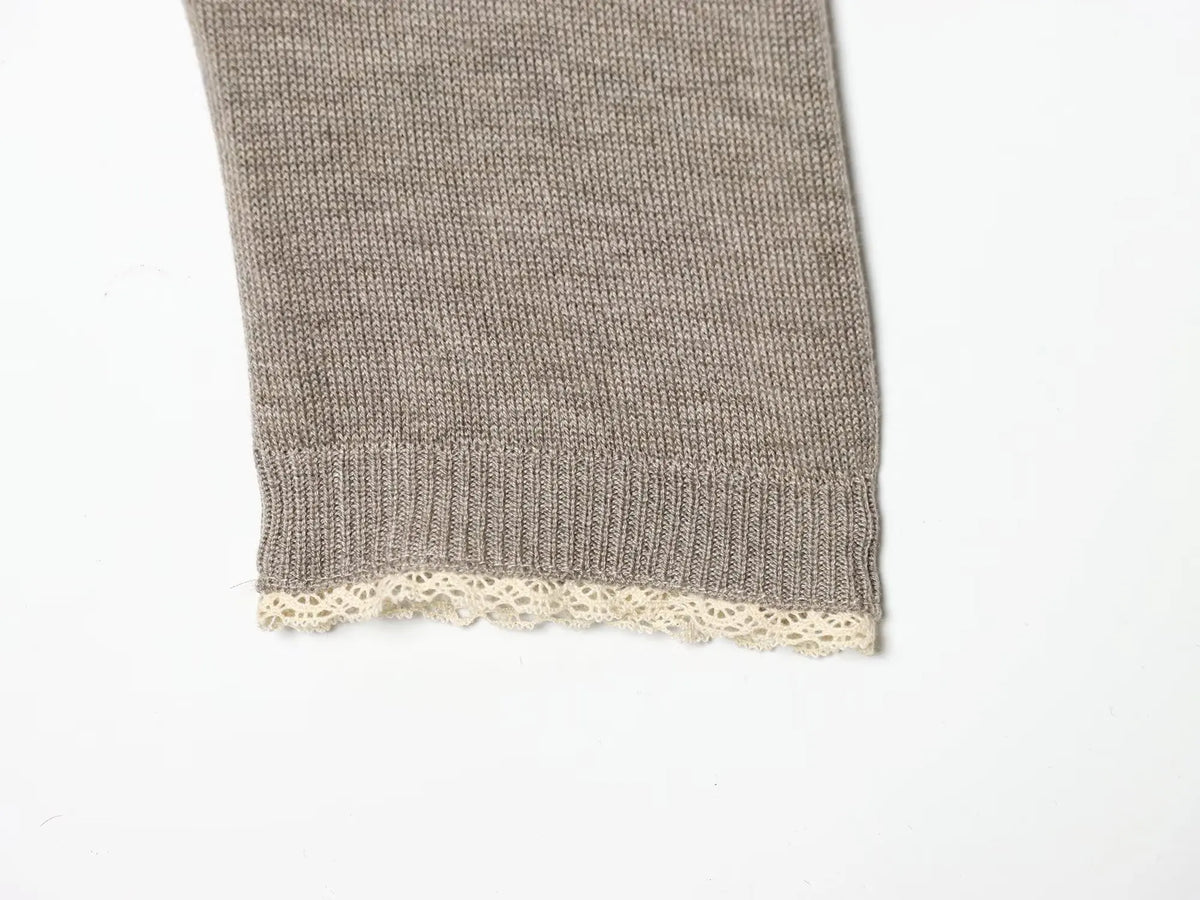 Women's Crew Neck Button-Front Fine Knit Cardigan with Lace Trim