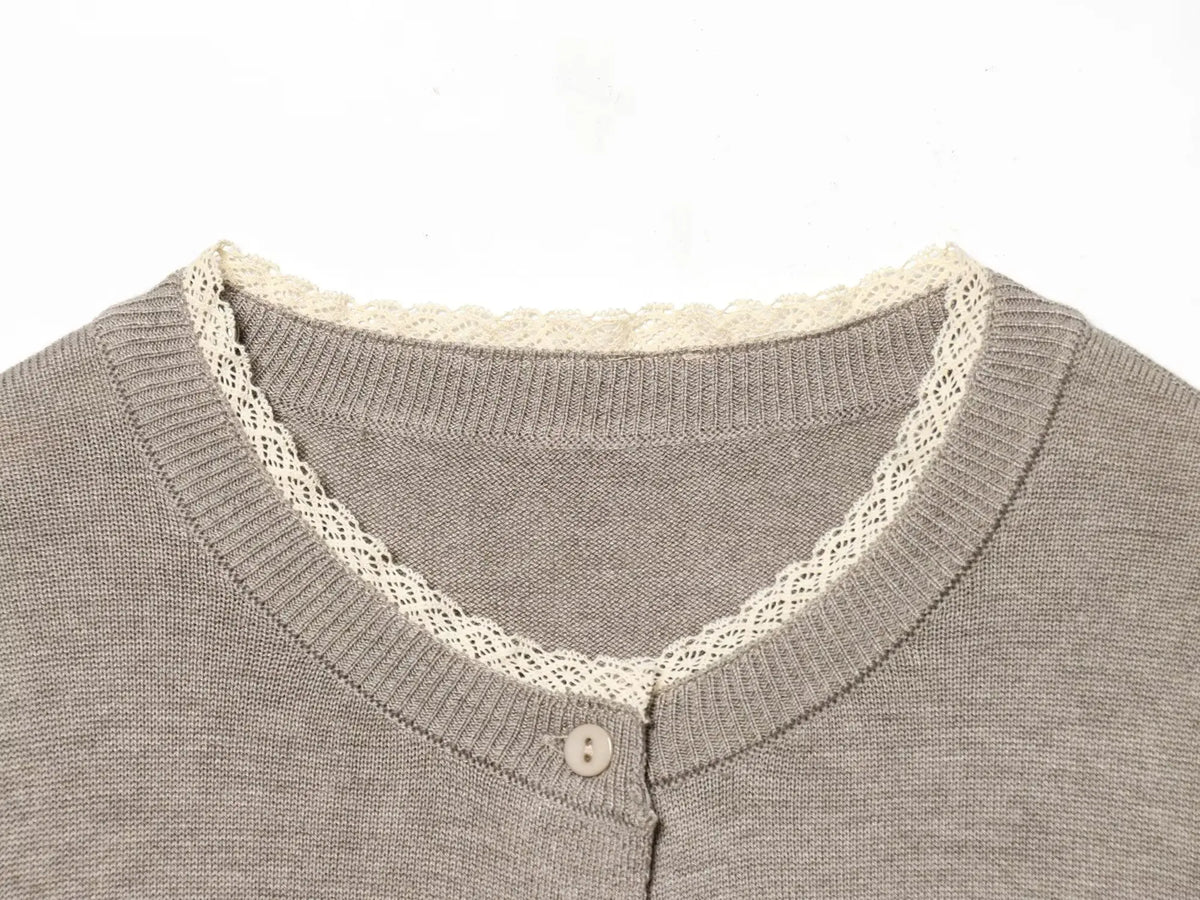 Women's Crew Neck Button-Front Fine Knit Cardigan with Lace Trim
