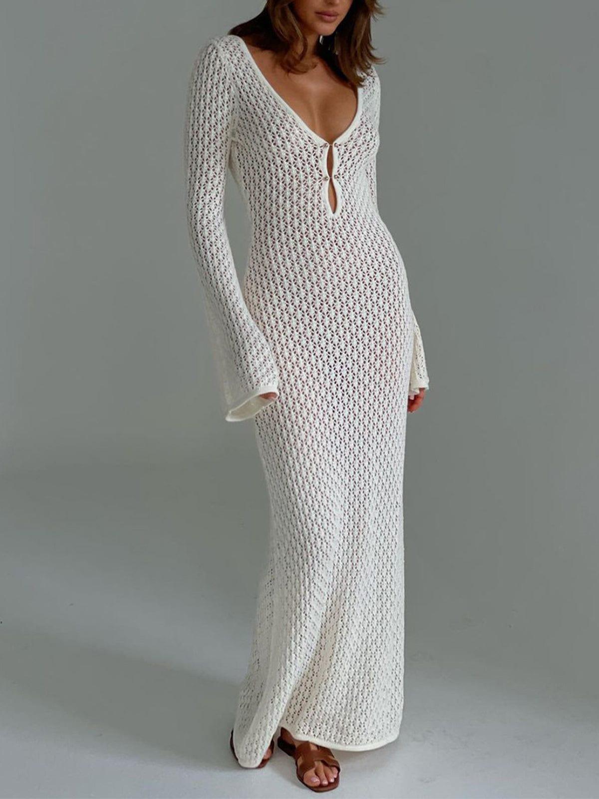 Women's Crochet Knit Long Sleeve Maxi Beach Dress