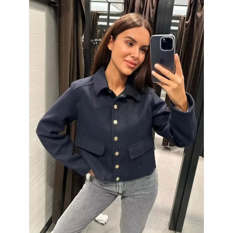 Women's Short Button-Up Jacket with Rib-Knit Trim