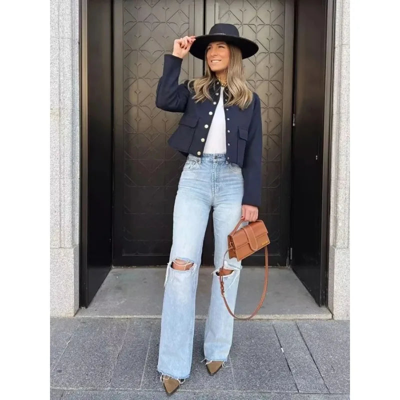 Women's Short Button-Up Jacket with Rib-Knit Trim