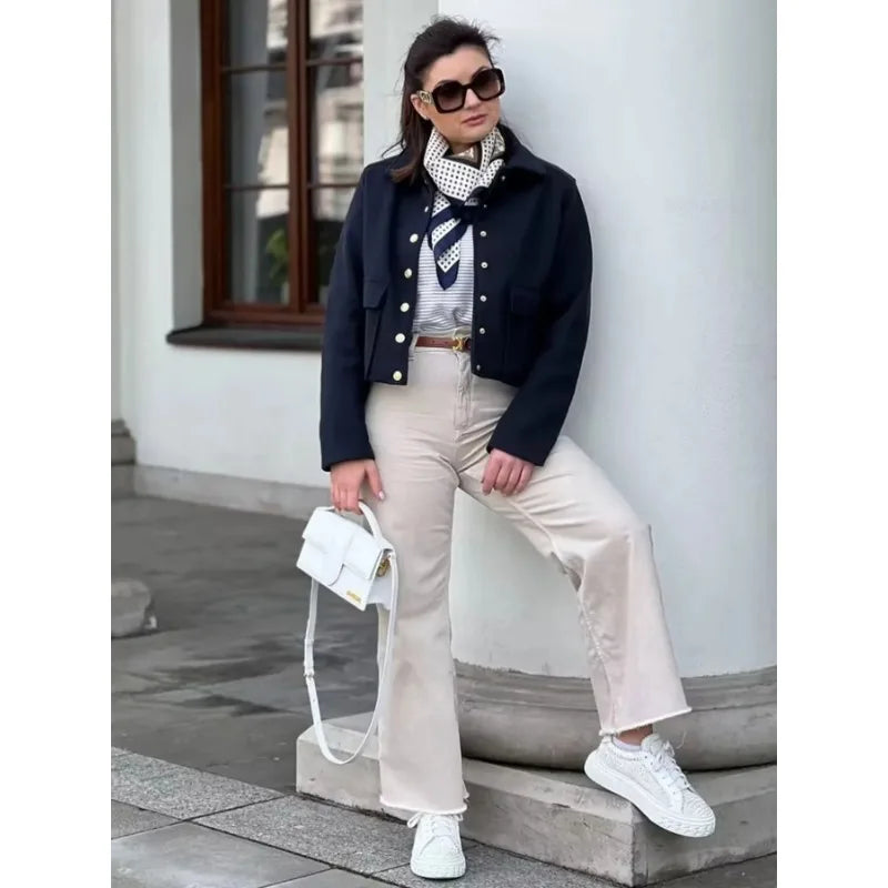 Women's Short Button-Up Jacket with Rib-Knit Trim