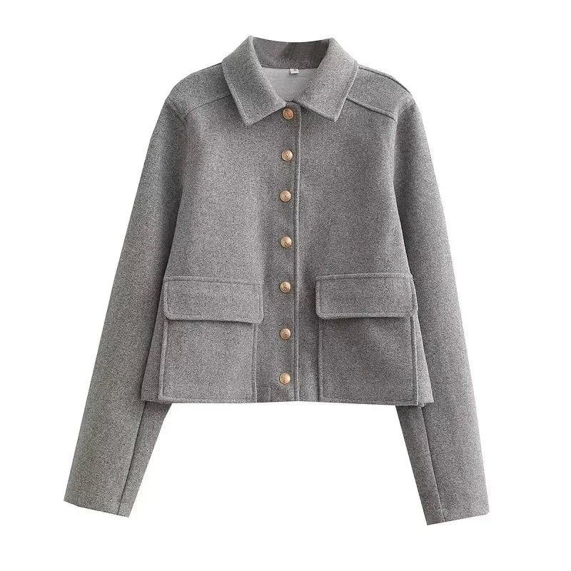 Women's Short Button-Up Jacket with Rib-Knit Trim
