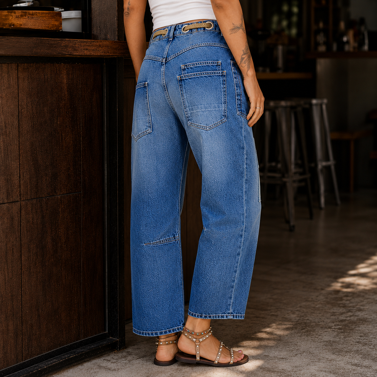 Women's Patchwork Wide-Leg Cropped Jeans with Rope Belt