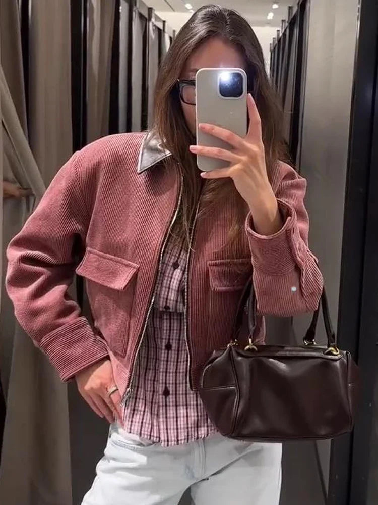 Women's Cropped Ribbed Zip Bomber Jacket in Pink