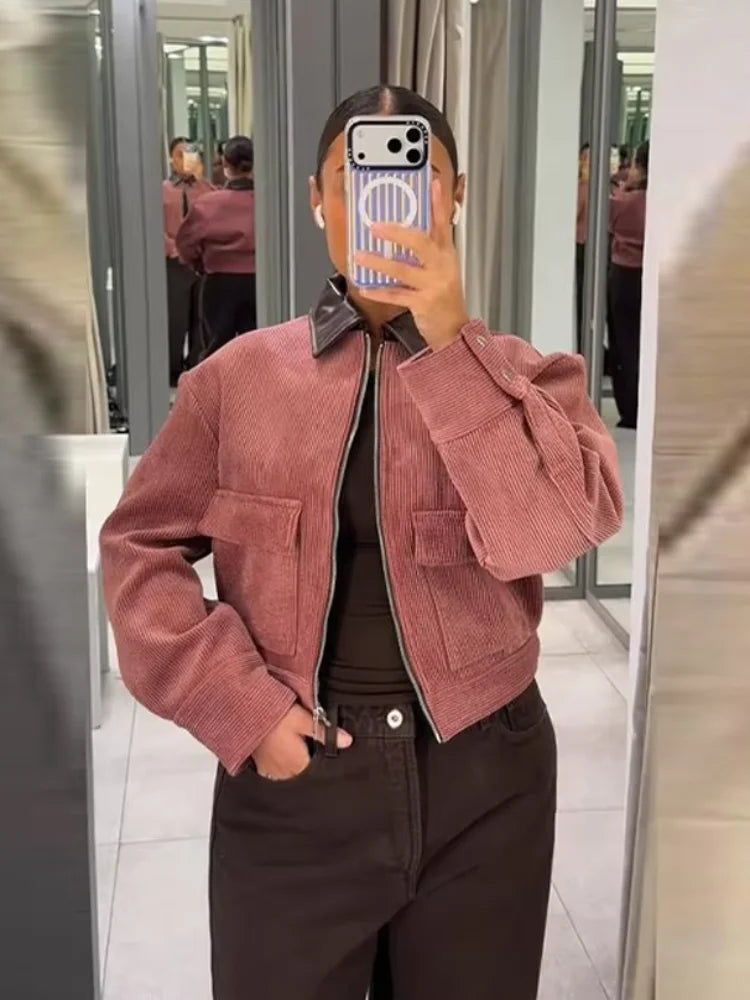 Women's Cropped Ribbed Zip Bomber Jacket in Pink