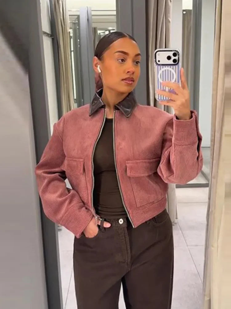 Women's Cropped Ribbed Zip Bomber Jacket in Pink